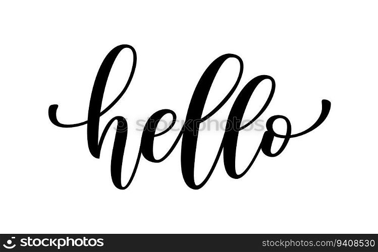 HELLO text. Hello word. Hand drawn"e hello. Hi icon lettering. Calligraphy phrase hello. Greetings logo. Vector illustration for print on t shirt, card, poster, hoodies. Welcome. HELLO text. Hello word. Greetings logo. Vector illustration