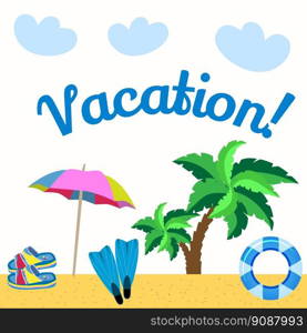 Hello vacation web banner background. Sandy beach, umbrella, palm trees, diving fins. Vector illustration.