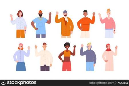 Hello waving people. Man hand saying hi welcome, different character students, muslim woman hijab, young adult representatives world cultures greeting gesture, flat splendid vector illustration. Hello waving people. Man hand saying hi welcome, different character students, muslim woman hijab, young adult representatives world cultures greeting gesture