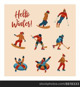Hello winter. A large set of characters, sledding, skating, snowboarding, playing hockey. Vector illustration.. Hello winter. Vector illustration. A set of characters engaged in winter sports and recreation.
