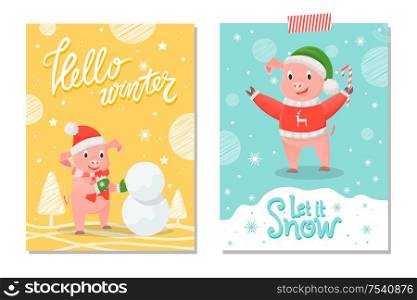 Hello winter and let it snow, pig in red sweater with reindeer, green hat and candy stick on background of snowflakes. Greeting card with piglet making snowman. Pig in Red Sweater with Reindeer, Green Hat, Candy