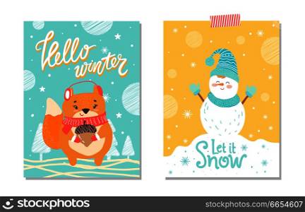 Hello winter and let it snow, placard with images of smiling snowman happy because of falling snowflakes and squirrel with acorn vector illustration. Hello Winter Let It Snow on Vector Illustration
