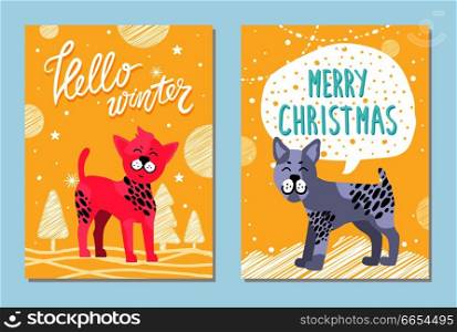 Hello winter and merry Christmas cards with friendly bullterrier and Chinese crested dog that has pink fur surrounded with stars vector illustrations.. Hello Winter and Merry Christmas Cards with Dogs