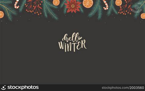 Hello Winter background with Christmas decorations