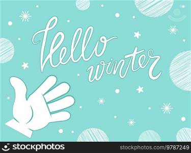 Hello winter concept. Handwritten brush lettering. Calligraphic text with white stars snowflakes and balls. Blurred winter banner with christmas subjects and typographic label on blue background. Blurred winter banner with christmas subjects and typographic label on blue abstract background