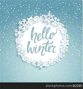 Hello winter Greeting Card.. Hello winter greeting card with lettering. Snowfall background. Vector illustration.