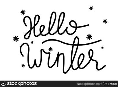 Hello Winter handwritten text, hand lettering with snowflakes isolated on white background. Brush calligraphy for greeting card, poster, print, sticker, decor. Winter holidays vector illustration. Hello Winter handwritten text, hand lettering with snowflakes isolated on white background. Brush calligraphy for greeting card, print, poster, sticker, decor. Winter holidays vector illustration