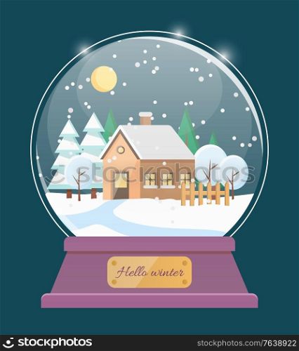 Hello winter, isolated snow globe. Glass bauble with glass sphere. House in village with snowing weather. Home in small town at night with moon at sky. Toy with christmas decor flat style vector. Hello Winter Snow Globe with House in Village