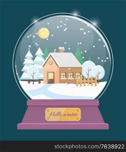 Hello winter, isolated snow globe. Glass bauble with glass sphere. House in village with snowing weather. Home in small town at night with moon at sky. Toy with christmas decor flat style vector. Hello Winter Snow Globe with House in Village