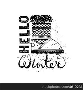 Hello winter lettering text Brush and boots. Seasonal shopping concept design for the banner or label.. Hello winter lettering text Brush and boots. Seasonal shopping concept design for the banner or label. Isolated vector illustration.