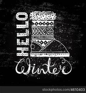 Hello winter lettering text Brush and boots. Seasonal shopping concept design for the banner or label.. Hello winter lettering text Brush and boots. Seasonal shopping concept design for the banner or label. Stylized drawing chalk on blackboard. Isolated vector illustration.