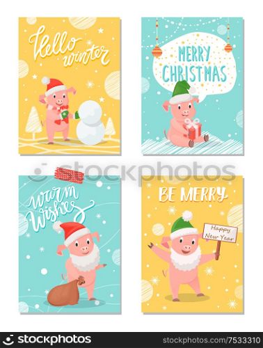 Hello winter, merry Christmas greeting cards set vector. Piggy building snowman, snowing weather, piglet holding sack with presents wearing beard. Hello Winter, Merry Christmas Greeting Cards Set