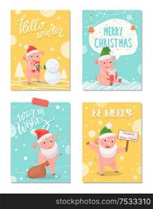 Hello winter, merry Christmas greeting cards set vector. Piggy building snowman, snowing weather, piglet holding sack with presents wearing beard. Hello Winter, Merry Christmas Greeting Cards Set