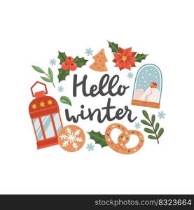 Hello winter phrase with wreath lettering isolated vector illustration