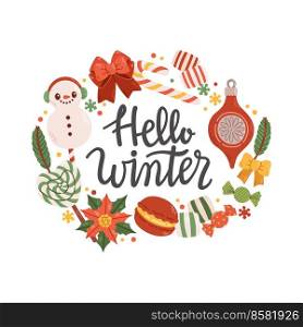 Hello winter phrase with wreath lettering isolated vector illustration
