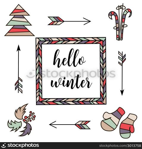 Hello winter. Retro vintage typographic color design elements. Arrows, Fir, christmas tree, mittens, ski, holly, ornaments. Hello winter. Square badge set of Retro color vector typographic design elements for web and page decor. greeting card, Arrows, Fir, christmas tree, mittens, ski, holly, ornaments