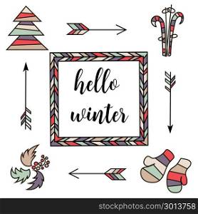 Hello winter. Retro vintage typographic color design elements. Arrows, Fir, christmas tree, mittens, ski, holly, ornaments. Hello winter. Square badge set of Retro color vector typographic design elements for web and page decor. greeting card, Arrows, Fir, christmas tree, mittens, ski, holly, ornaments