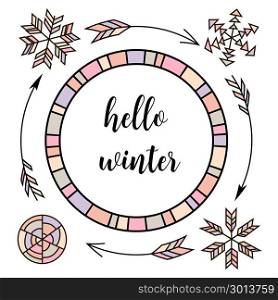 Hello winter. Retro vintage typographic color design elements. Arrows, Fir, christmas tree, mittens, ski, holly, calligraphy, ornaments. Hello winter. Round badge set of Retro color vector typographic and design elements for web and page decor. greeting card, Arrows, stars, snowflakes, swirls, kaleidoscope, rainbow