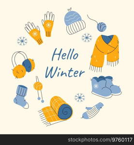Hello winter round frame with knitted clothes, wool skein and snowflakes. Greeting card or postcard background design. Modern hand drawn doodle vector illustration.