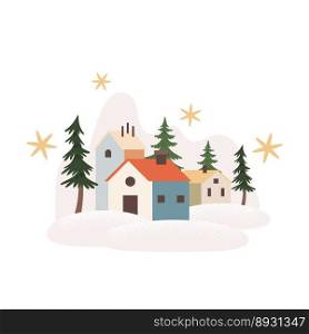Hello Winter scene landscape with cute houses. Vector illustration 