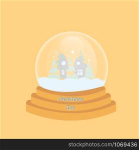 Hello winter snow globe. Glass bauble with glass sphere. House, Christmas tree and snowflakes. Ball toy with Christmas decor flat style vector illustration isolated on background.