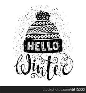 Hello winter text and knitted woolen cap. Seasonal shopping concept design for banner or label.. Hello winter text and knitted woolen cap. Seasonal shopping concept design for banner or label. Isolated vector illustration.