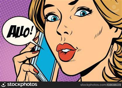 Hello woman on the phone. Pop art retro comic book vector illustration. Hello woman on the phone