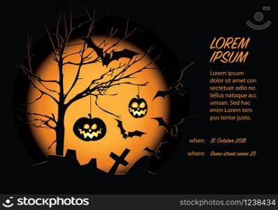Helloween card template with pumpkins, bats and big moon. Helloween card template