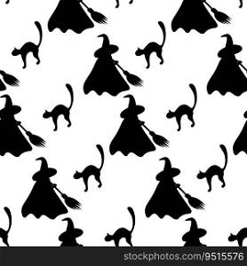 Helloween endless pattern of abstract silhouette image of black cat and witch in cap and cloak with broom. Vector design for wrapping, wallpaper or poster, banner, brochures or cards. Happy Helloween