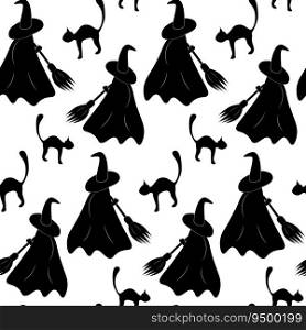 Helloween seamless pattern of abstract silhouette image of witch in cap and cloak with broom and black cat . Vector illustration for wrapping, wallpaper or poster, banner, brochures or cards. EPS