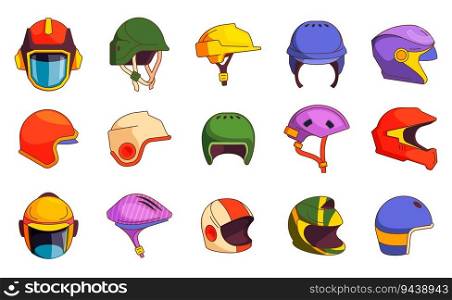 Helmet collection. Cartoon bike and motorbike headgear, head protective equipment set, extreme sport headgear protection icons. Vector isolated collection. Equipment for safety, extreme racing. Helmet collection. Cartoon bike and motorbike headgear, head protective equipment set, extreme sport headgear protection icons. Vector isolated collection