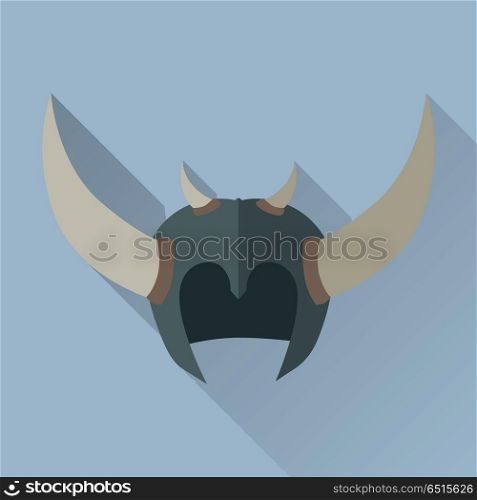 Helmet Headpiece with Horns. Medieval Armour.. Helmet headpiece with horns isolated. Shield for game. Medieval armour. Weapon symbol icon. War concept. For computer games, mobile appliances. Part of series of game objects in flat design. Vector