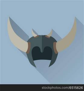 Helmet Headpiece with Horns. Medieval Armour.. Helmet headpiece with horns isolated. Shield for game. Medieval armour. Weapon symbol icon. War concept. For computer games, mobile appliances. Part of series of game objects in flat design. Vector