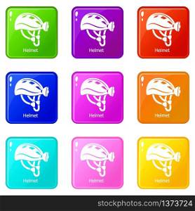 Helmet icons set 9 color collection isolated on white for any design. Helmet icons set 9 color collection