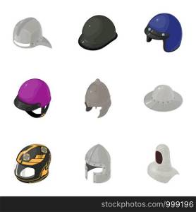 Helmet icons set. Isometric set of 9 helmet vector icons for web isolated on white background. Helmet icons set, isometric style