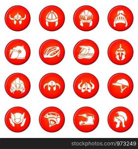 Helmet icons set vector red circle isolated on white background . Helmet icons set red vector
