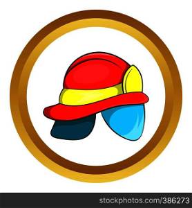 Helmet of firefighter vector icon in golden circle, cartoon style isolated on white background. Helmet of firefighter vector icon