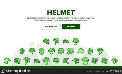 Helmet Rider Accessory Landing Web Page Header Banner Template Vector. Helmet Head Protection For Biker, Motorcyclist And Cyclist In Different Design Illustrations. Helmet Rider Accessory Landing Header Vector