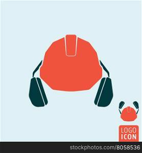 Helmet with headphones icon. Personal protective equipment symbol. Vector illustration. Helmet with headphones icon