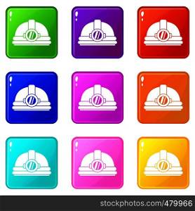 Helmet with light icons of 9 color set isolated vector illustration. Helmet with light set 9
