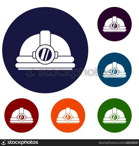 Helmet with light icons set in flat circle reb, blue and green color for web. Helmet with light icons set