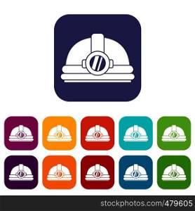 Helmet with light icons set vector illustration in flat style in colors red, blue, green, and other. Helmet with light icons set