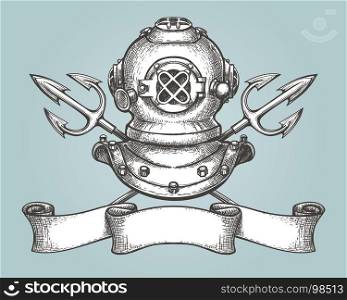 Helmet with tridents and ribbon drawn in vintage style. Diving emblem or label. Vector illustration