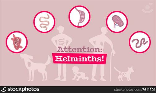 Helminth parasitic intestinal worms kids adults animals infection symptoms cause prevention medical flat info banner vector illustration