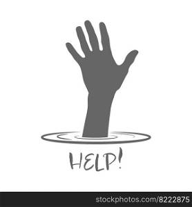 Help. A palm with a raised hand out of the water. The concept of support in a difficult life situation. Flat style