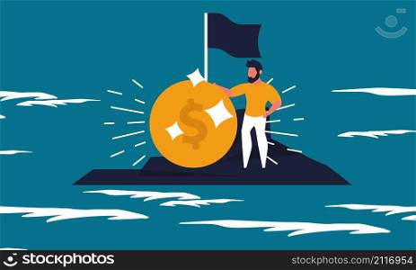 Help and guarantee to business people and financial protection of investors. Man on the island with gold coin vector illustration concept. Pandemic ocean rescue and save money guarantee global