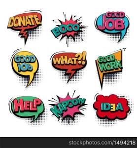 Help boo good job comic text collection sound effects pop art style. Set vector speech bubble with word and short phrase cartoon expression illustration. Comics book colored background template.. Comic text collection sound effects pop art style