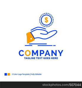 help, cash out, debt, finance, loan Blue Yellow Business Logo template. Creative Design Template Place for Tagline.