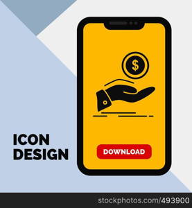 help, cash out, debt, finance, loan Glyph Icon in Mobile for Download Page. Yellow Background. Vector EPS10 Abstract Template background