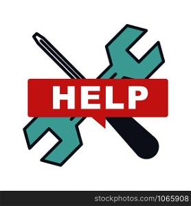 Help center tools and instrument for fixing damages isolated icon vector wrench and device for fixation and repairing technology support of online store technical side of business hotline service.. Help center tools and instrument for fixing damages